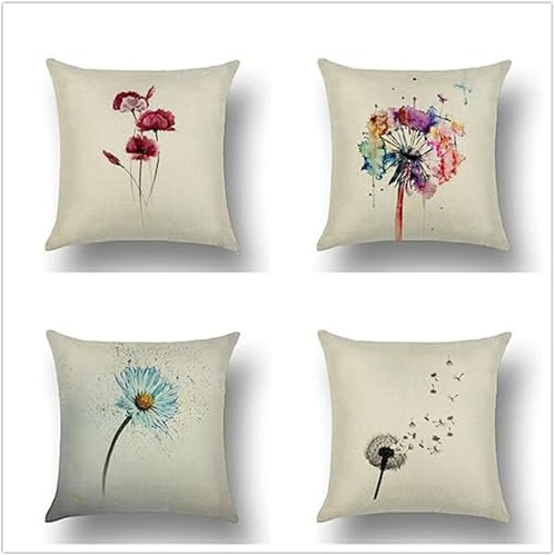 OXOAMP Pack von 4 Flachs Wurf Kissenbezüge Beide Seiten Drucken Kissenbezug mit verstecktem Reißverschluss für Bett und Sofa Innenkissen Zierkissen mit Kissenbezug 35X35CM(Bunte Blume)
