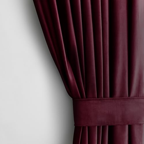RESTILO Set Vorhang H 270 x B 140 cm mit Raffhalter 54 x 10 cm Optik Velvet | Weinrot 1 St. Kräuselband Wellenband Samt Halbverdunkelungsvorhang Fensterdekoration Dekoschal Dekorvorhang