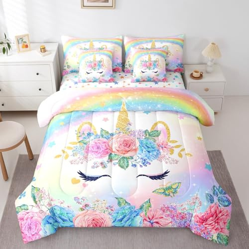Feelyou Twin Size Unicorn Comforter Set with Sheets for Kids Girls Bedroom Decorations Teens 3D Colorful Unicorn Rainbow 7 Piece Bedding Set Ultra Soft and Fluffy Flower Bed in a Bag