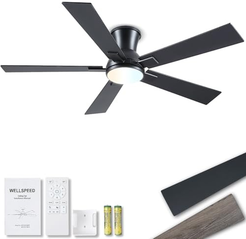 52 Inch Black Flush Mount Ceiling Fan with Light, 3CCT Dimmable LED, 6-Speed Remote Control, Reversible Motor,Quiet Low Profile Energy-Efficient for Bedroom & Living Room,ETL Listed
