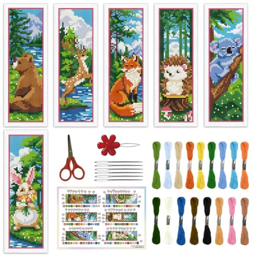 ORIGACH 6 Stück Wald Und Tiere Kreuzstich Lesezeichen Set für Anfänger | 11CT Kreuzstich Set mit Anleitung Vorgedruckt, Vorgedruckt Sticken Lesezeichen-Set für Erwachsene Buch-Liebhaber