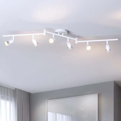 LVWIT Plafonnier LED 6 Spots, Luminaires d'Intérieur Rotatif Blanc Givré, GU10 Spot Plafond Lustre Salon, Métal Rampe (Sans Ampoule)