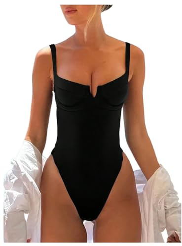 SOLY HUX Women's One Piece Bathing Suits High Cut Swimwear Push Up Bathing Suits Beach Vacation Clothes Solid Black Medium