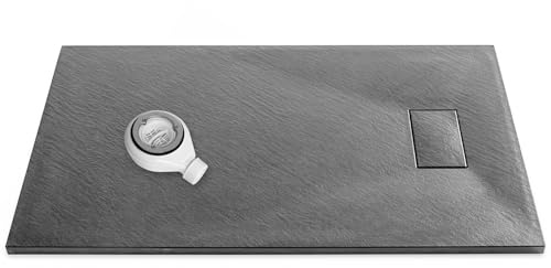 1200x800mm Dark Grey SMC Slate Stone Shower Tray & Dark Grey Drain Cover with 90mm ABS Waste