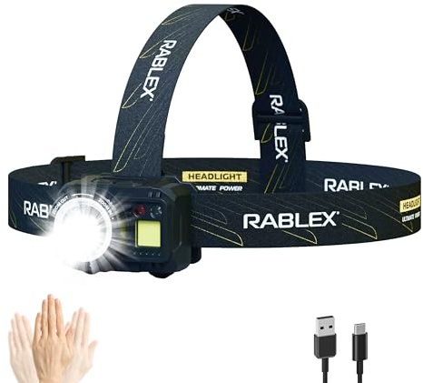 RABLEX RB658 LED-Stirnlampe, 550 Lumen Wiederaufladbare LED Kopflampe mit 7 Lichtmodi, Rotlicht & Sensor USB-Aufladung, IPX6 Wasserdicht Leicht & Kompakt Ideal für Camping, Wandern [Energieklasse A+]