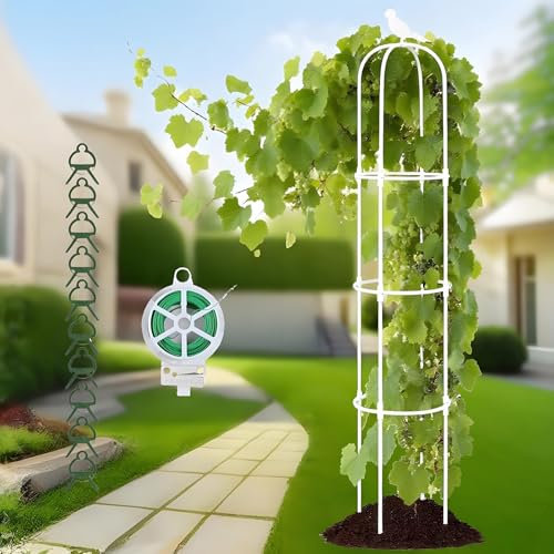 Interiores Exteriores Obelisco Soportes Decorativos Jardín Columnas, Metal Enrejado Plantas Trepadoras para Rosas Flores Tomates, Estable Acero Tutor para Patio Césped Patio(White,D25xH175CM)