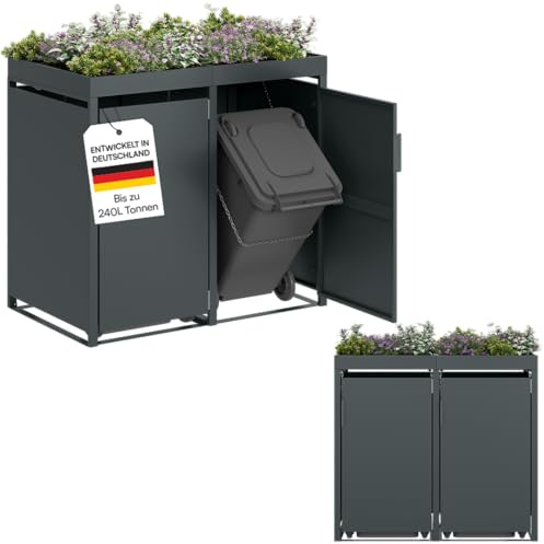 STEELSØN Thoria Mülltonnenbox 2er bis 240 L, mit Pflanzendach, Anthrazit | Müllcontainer aus Stahl für 2 Tonnen, hochwertige Mülltonnenverkleidung wetterfest & UV-beständig, Müllbox/ Gerätebox