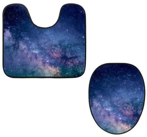 VAPOKF Lot de 2 tapis contour WC en forme de U et housse pour abattant de WC, tapis de salle de bain en flanelle douce et antidérapante pour abattant de toilettes, motif galaxie, espace, ciel étoilé