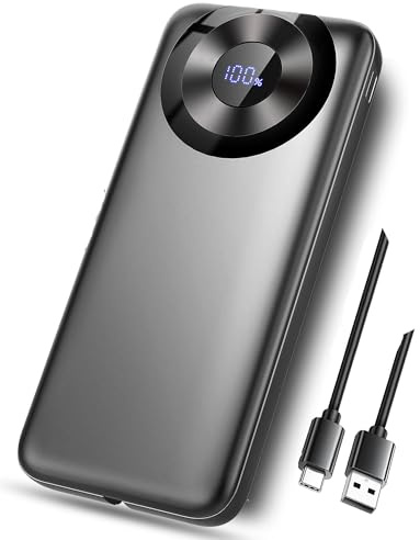 Batterie Externe 10000mAh, Power Bank Charge Rapide Batterie Portable 3A USB C avec Affichage LED, 4 Sorties avec Câbles Intégrés, Chargeur Externe pour iPhone 17 16 15 14 13 Samsung Tablettes Xiaomi