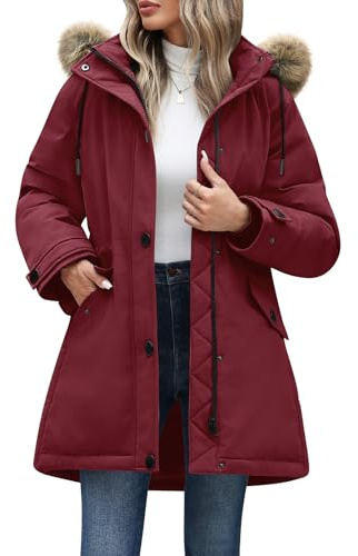 CMTOP Giacca Invernale Donna Media Lunga Cappotto Impermeabile Calda Comodi Antivento Parka Giubbotto Elegante Moda con Cappuccio Staccabile in Pelliccia Jacket Slim Fit con Zip Tasche(Bordeaux, M)