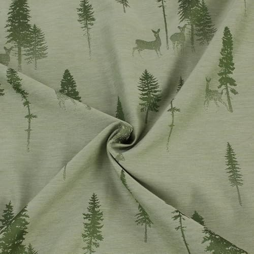 Jacquard Stoff Meterware Wald & Rehe Grün – Landhaus Dekostoff 140 cm breit – doppelseitig, pflegeleicht Polyester Viskose – Made in Germany