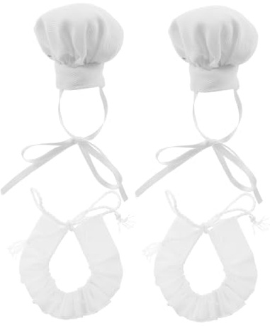 WOONEKY 2 Sets Tiny Doll Chef Hats with Adjustable Bands White Neckerchiefs Plush Mini Cooking Caps for Stuffed Animals Soft Decorative Accessories for Doll Dress Up and Kitchen Play