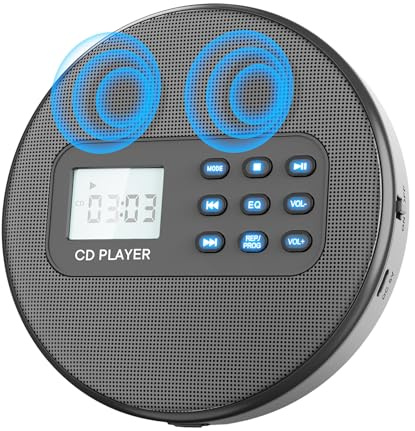 Goshyda Lettore CD Portatile Ricaricabile, Lettore Musicale Stereo Bluetooth con Display LCD e Cavo da 3,5 Mm, Design Compatto per Viaggi in Auto e Interni
