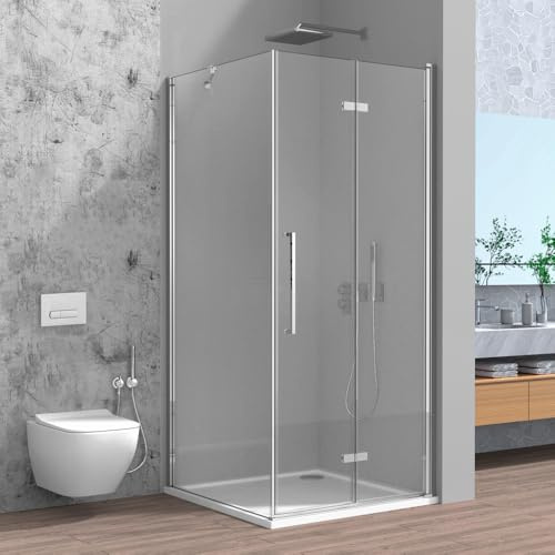 Box Doccia Angolare 90x90 E H 195 Cm Con Porta A Soffietto E Lato Fisso In Vetro Temperato Trasparente E Profili Cromo - Linea Neos