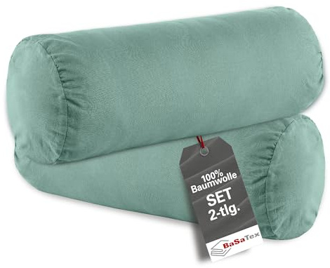 BasaTex 2er Pack Kissenbezug für Nackenrolle 40x15 cm - Kissenhülle für Nackenkissen - Nackenrollenhülle aus 100% Baumwolle - Reißverschluss - Farbe: Salbei Grün