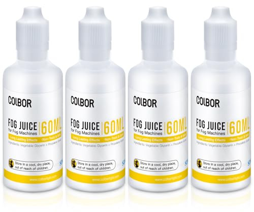 COLBOR Kit de Liquide pour Machine à Fumée 60ml x 4 | à Haute Densité, à Base de Glycérine Végétale, Sans Odeur, Certifié FDS pour Fêtes, Expositions, Bars, Scènes, Halloween
