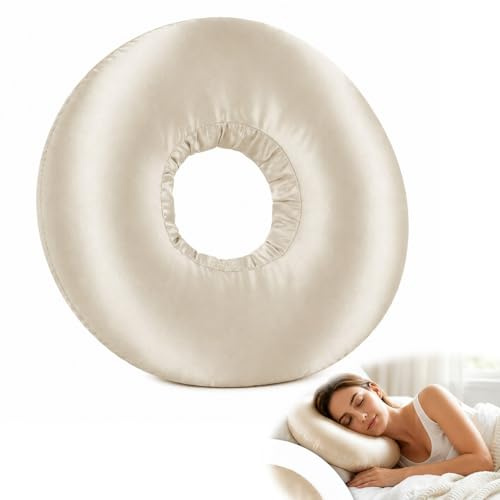 poluu Ear Piercing Pillow, 28cm Donut Pillow for Ear Piercing with Hole Ring Cushion for Side Sleepers Pain Relief Inflammation Pressure Sores Adjustable Filling Reduces Pressure Champagne