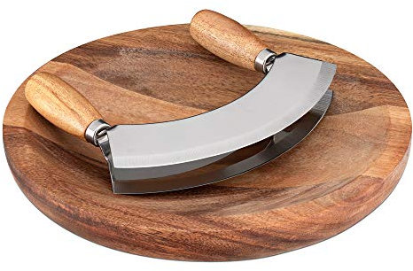 Navaris Set Tagliere e Coltello Mezzaluna Tritaerbe - Cutting Board 24x24x3cm Mezza Luna 17x13,5cm - Legno di Acacia con Lama in Acciaio Inossidabile