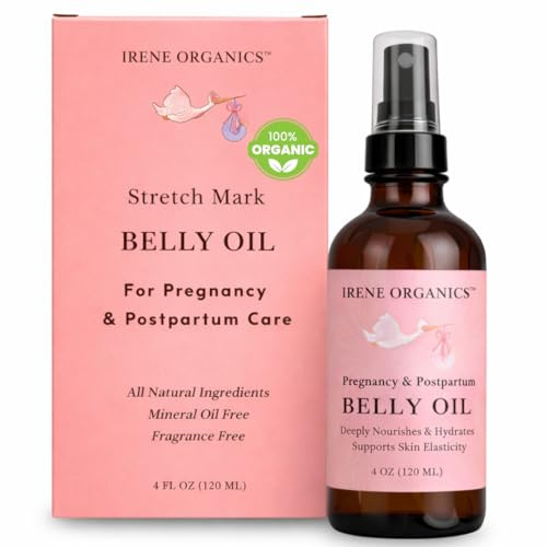 Irene Organics Organic Belly Oil for Pregnancy & Postpartum – Lightweight, Non-Greasy Stretch Mark Support Oil – Hydrating Vitamin E Bump Serum, Unscented & Pregnancy Safe