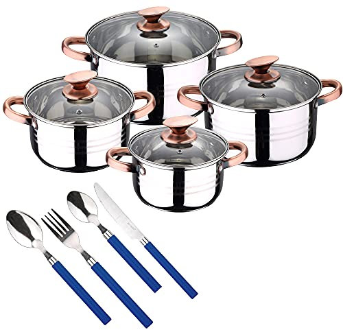 San Ignacio Batterie de cuisine 8 pièces compatible avec induction Altea en acier inoxydable avec couverts de 24 pièces en acier inoxydable de couleur bleue, PK3234