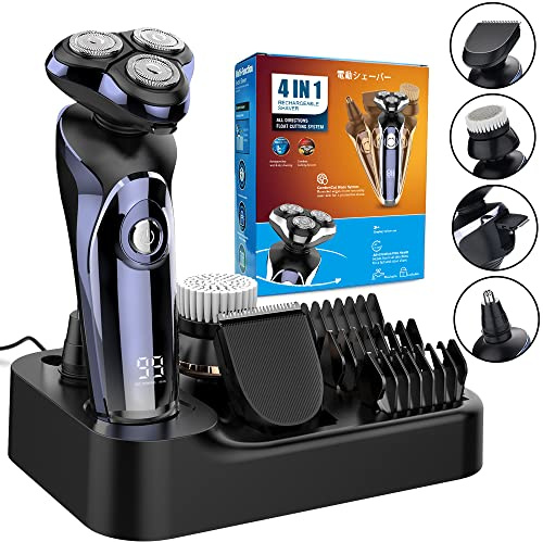 OXSEYTEE Rasoir Electriques Hommes 4 en 1- Tondeuse de précision - Rasage Humide & Sec Tête flexible à 360° IPX7- 99 min d'Autonomie Barbe avec station charge USB Ecran LCD