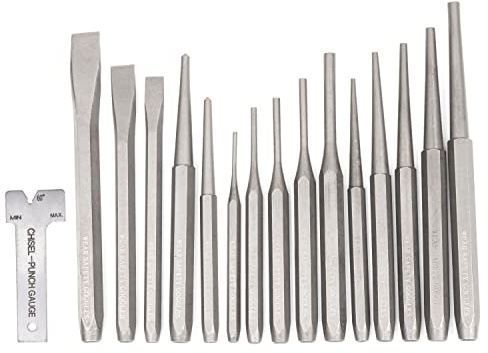 NEIKO 02626A Punch and Chisel Set | 16 Piece | Cold Chisels, Taper, Pin & Center Punches | Chrome Vanadium Steel | Roll Up Pouch | Chisel Tip Gauge | Ground and Polished | Tapered Striking Head