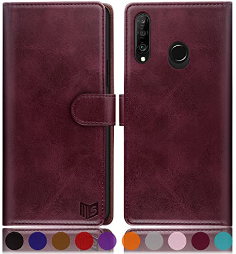 SUANPOT [RFID Schutz für Huawei P30 Lite Hülle PU Leder Handyhülle Lederhülle Klapphülle Kartenfach Flip Cover für Huawei P30 Lite Handy hülle Leather Wallet Phone Case Rotwein