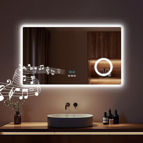 S'AFIELINA Badspiegel mit Beleuchtung 60×100×3,5 cm Spiegel mit beleuchtung mit Touch, Beschlagfrei, Uhr, Bluetooth, 3000K/4000K/6500K, Dimmbar, 3X Kosmetikspiegel, Energiesparend Einfach Installation