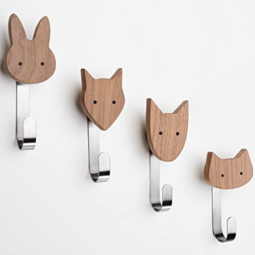 Wandhaken für Kinder aus Holz (Walnuss) - 4er Set Garderobenhaken Waldtiere | Tiermotive: Hund, Katze, Fuchs, Hase | unbehandeltes Massivholz | mit Metallhaken | leicht zu montieren