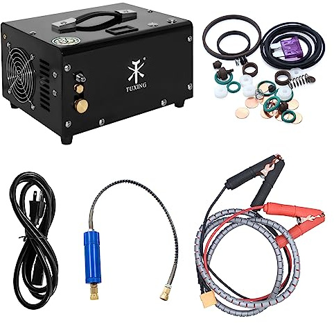TUXING 4500Psi 300Bar Pcp Luftkompressor,Öl/Wasser-frei,Eingebautes Drain System,Betrieben durch Auto 12V DC oder Haus 220V AC mit Adapter (mitgeliefert),für Paintball/Scuba Tank