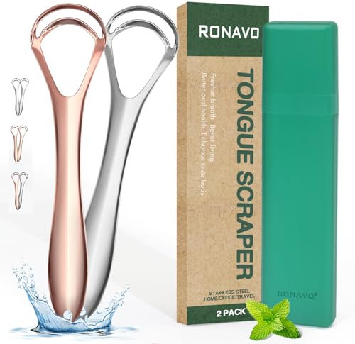 New Upgrade Tongue Scraper with Dual Scraping Head Fight Bad Breath, Metal Tongue Cleaner Help Oral Hygiene, Tongue Scraper for Adults and Kids, Two Colors in Pack, Travel Friendly, by RONAVO