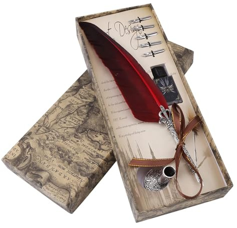 Penna Piuma, Penne con Stilografiche Quill Pen Calligrafia Penna Set, Set di Inchiostri a Penna Piuma, Pennino per firma e scrittura, Biglietti D'auguri, Firme, scrittura, decorazione e regalo(Rosso)