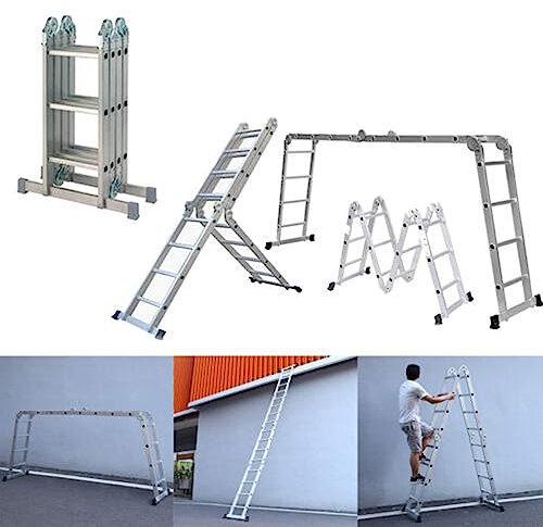 Folding Ladder Telescoping Ladder Aluminium Ladder 4.7m Multi-purpose Ladder, Collapsible Ladder for RV or Outdoor Work, Heavy Duty Ladder with Free Tool Tray Household Ladder, EN131