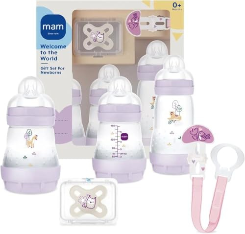 MAM Welcome To The World Geschenkset mit 3 Anti-Kolik-Fläschchen, Start Nano-Schnuller, Clip It! & Cover, mit Schnullerhülle, Rosa