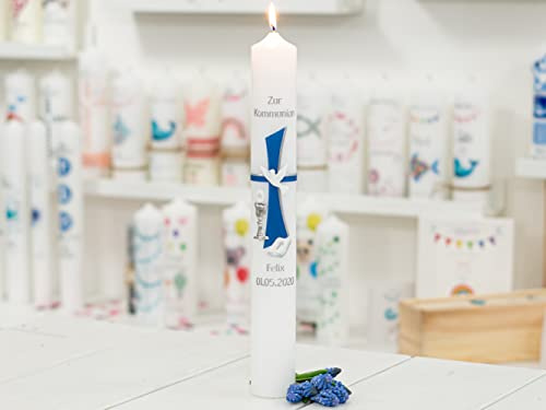 meinkerzenshop Kommunionkerze Felix personalisiert mit Name und Datum, individuell und mit Echtwachs handverziert für Junge und Mädchen