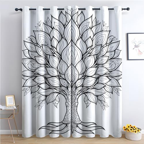 zcwl Baum des Lebens Vorhänge, Schwarz-Weiss Verdunklungsvorhänge mit Ösen, Vorhang Blickdicht für Wohnzimmer Schlafzimmer Dekoration, Gardinen mit Muster, 2er Set, 160 x 132 cm (HöhexBreite)