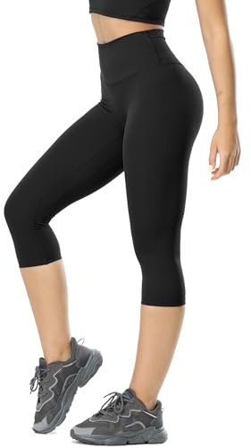 icyzone Dam atletisk yoga capri leggings med hög midja, magkonturbyxor för träning löpning, Svart, XL