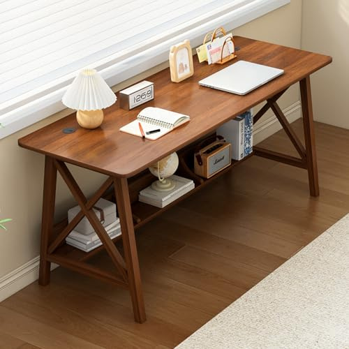 NELYE Extra Long Desk with Bookshelf - Wooden Home Office Work Study Table, Writing Computer Workstation with Storage Shelf in Walnut, 55 Wx20 Dx30 H