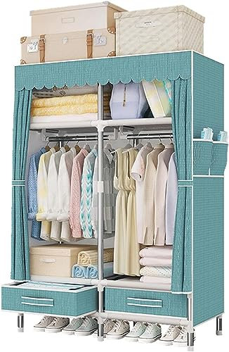 Tragbarer Kleiderschrank, offener großer Kleiderschrank aus Segeltuch, Schlafzimmermöbel mit Zwei Schubladen, 170 x 100 x 45 cm, Blau/Gelb (Größe: 170 x 100 x 45 cm, Farbe: B)