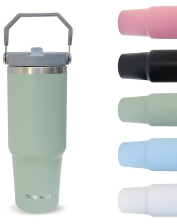 CherryKelly 30oz (850ml) Travel Mug with Handle, Travel Tumbler with Straw Lid, Stainless Steel Vacuum Insulated Coffee Cup, Double Wall Travel Flask Car Mug, Leak Proof Water Bottle - Green