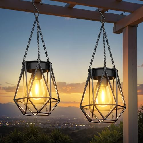 RECHOO Trädgård Solcellslampor för Utomhusbruk, 2 Metallsollyktor med LED-Glödlampa, IP65 Vattentät, för Jul, Halloween, Terrass, Gräsmatta, Balkong, Gård