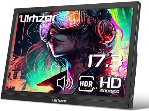 Ulrhzar Monitor portátil de 17,3 pulgadas, 1600 x 900, pantalla 60 Hz, USBC Travel HDMI, monitor con altavoces, para ordenador portátil, teléfono, PS4/5, monitor portátil