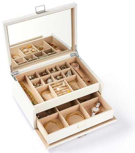 Vee Schmuckkästchen,2 Ebenen Schmuckaufbewahrung mit großer Spiegel,Schmuckschatulle Schmucktablett mit Deckel,PU Leder Schmuck Organizers mit Schubladen,Geschenkbox für Damen Mädchen(Weiß)