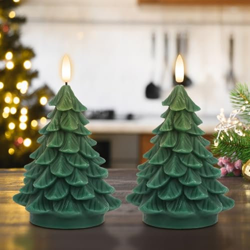 Eldnacele Lot de 2 bougies à LED pour sapin de Noël avec minuterie de 6 heures - Sans flamme - Design recouvert de cire et flamme vacillante 3D - Fonctionne avec piles