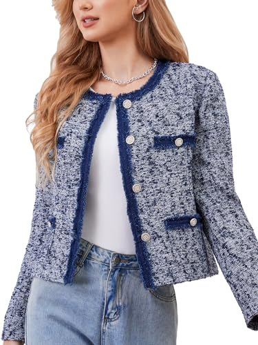M.Infisavo Tweed Jacket Blazer for Women Office Work Business Casual Corporate Short Jacket Blazers Medium Denim Blue