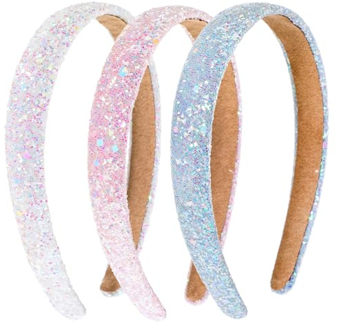 3PCS Sequins Headbands for Girls Non-slip Glitter Sparkly Hard Toddler Headband, Wide Padded Hair Bands Cute Hair Accessories for Birthday Party Favors Back to School Girls Women (Pink/Sky Blue/White)