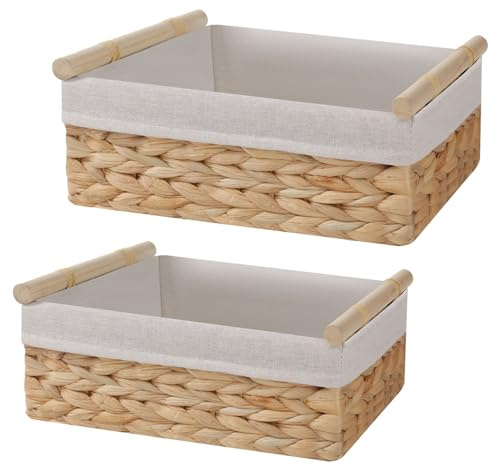 Yawinhe Juego de 2 Cesta de Almacenamiento Tejida a Mano, Cesto de Almacenaje de Jacinto de Agua, Caja Decorativa con Mango de Madera, para Baño, Cocinas, Salones, SNL001H