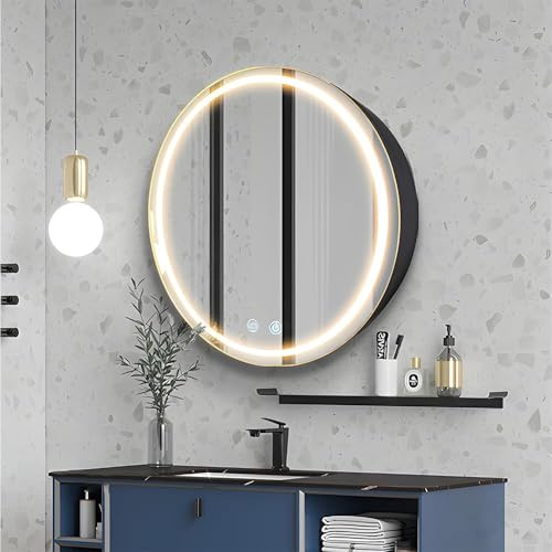 Janboe Armadio medico rotondo con luci, 51 cm, armadietto medicinale a LED con annebbiatore, specchio illuminato per bagno, dimmerabile, senza appannamento, temperatura colore 3000 K-6500 K