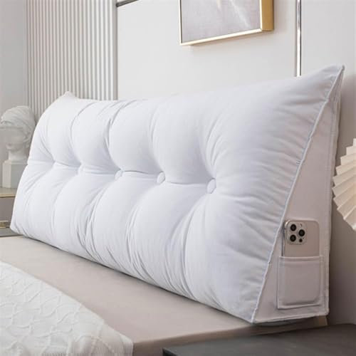 Dreieckiges Keilkissen aus Leinen und Baumwolle für Bett, Kopfteil, Lesen, Rückenstützkissen mit abnehmbarem Bezug, perfekt für Hochbetten, Schlafzimmer, Sofa (60 x 50 x 20 cm, Weiß)