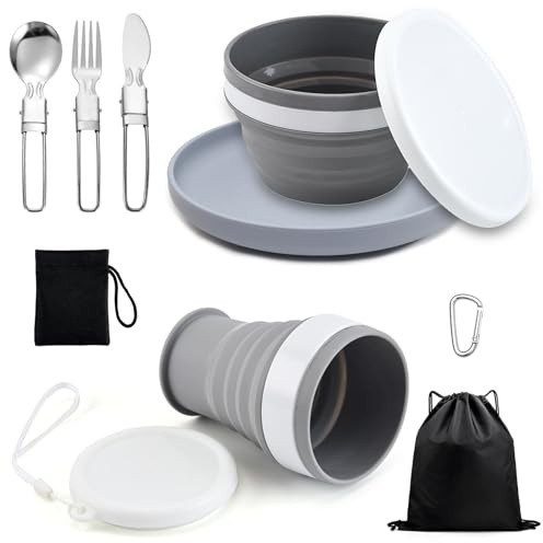 Camping Geschirrset faltbar Set, 6 Stück Camping Besteckset für Camping Inklusive Faltbare Zusammenklappbare Silikonschüssel, Reisebecher mit Deckel und Edelstahl-Besteck